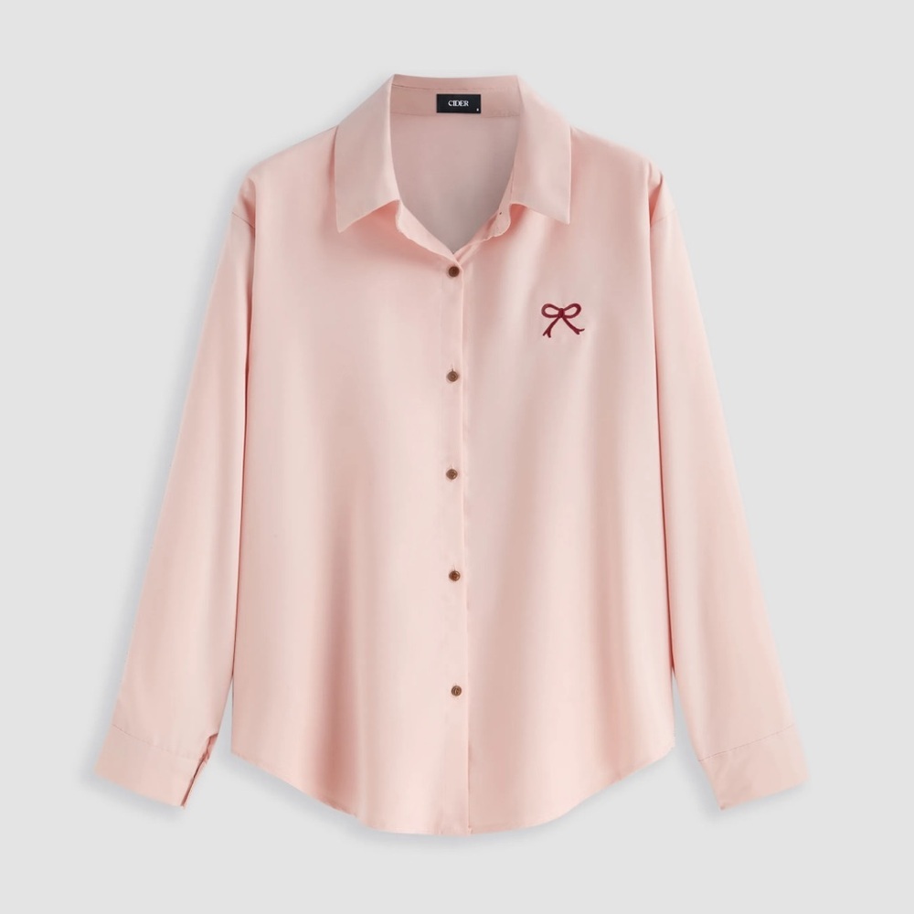 CIDER Pink Collar Bowknot Embroidery Button-Up Shirt Size M Workwear